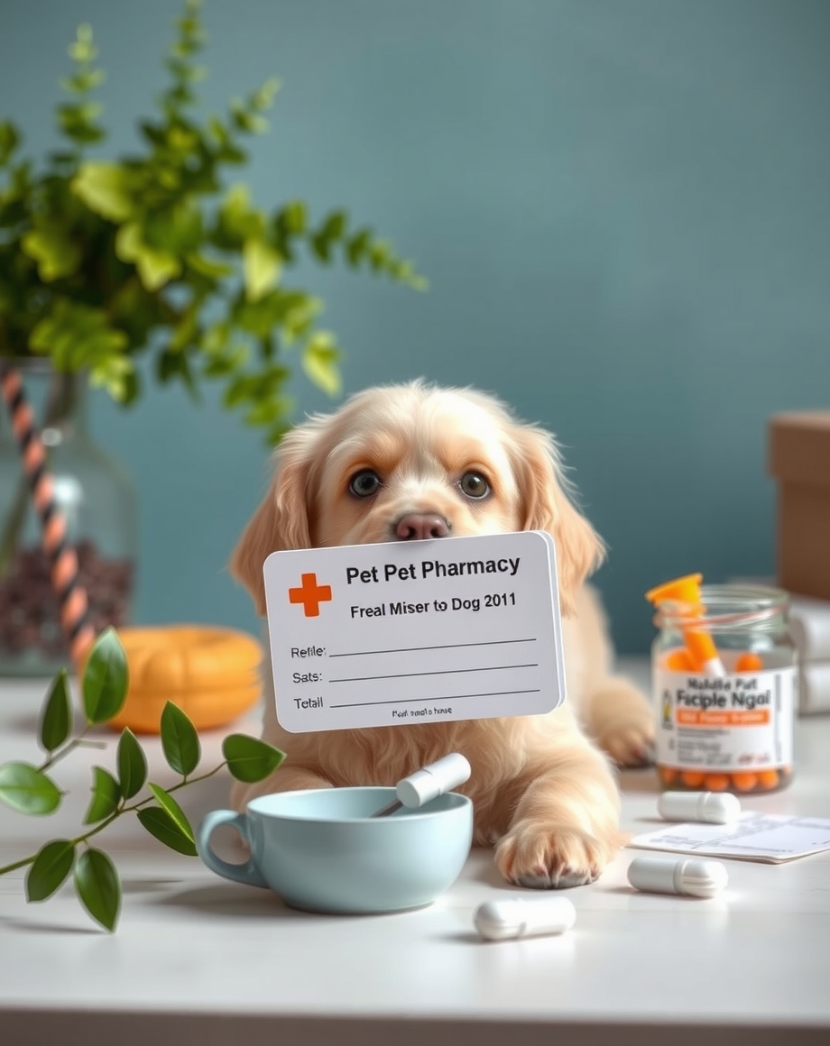 Pet pharmacy refill reminder card beside medication bottles