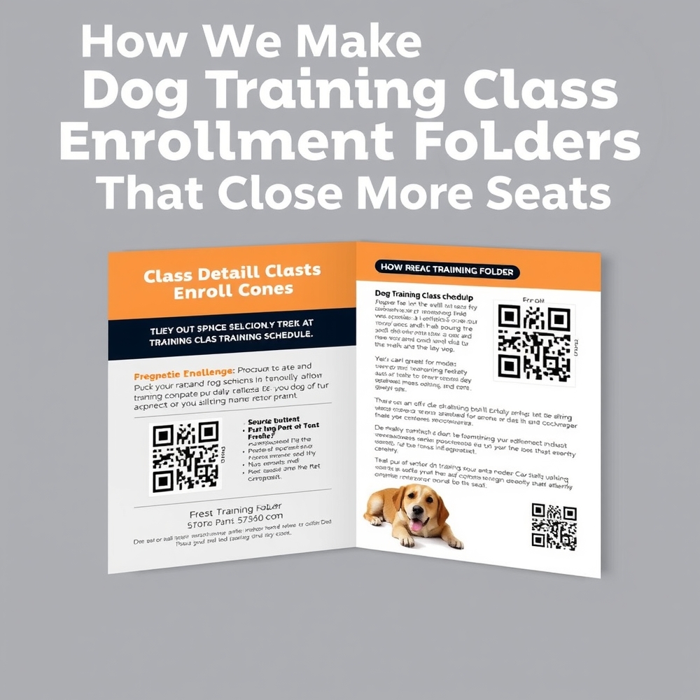 Enrollment folder mockup with class details and QR code