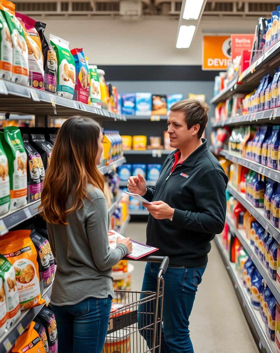 Store associate explaining a nutrition chart to a shopper