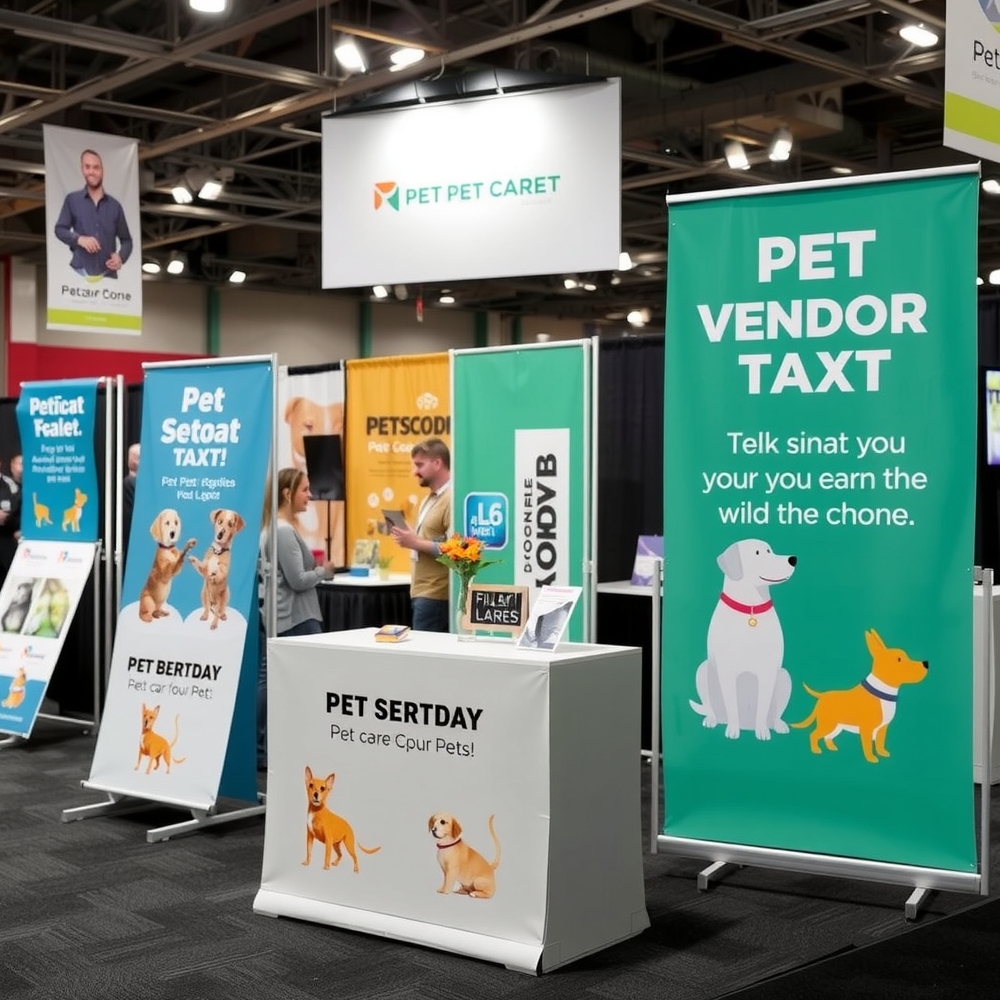 Vendor setting up a pet event banner at a trade show