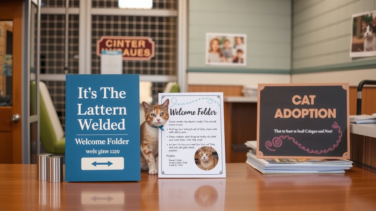 Shelter volunteer giving a welcome folder to a cat adopter