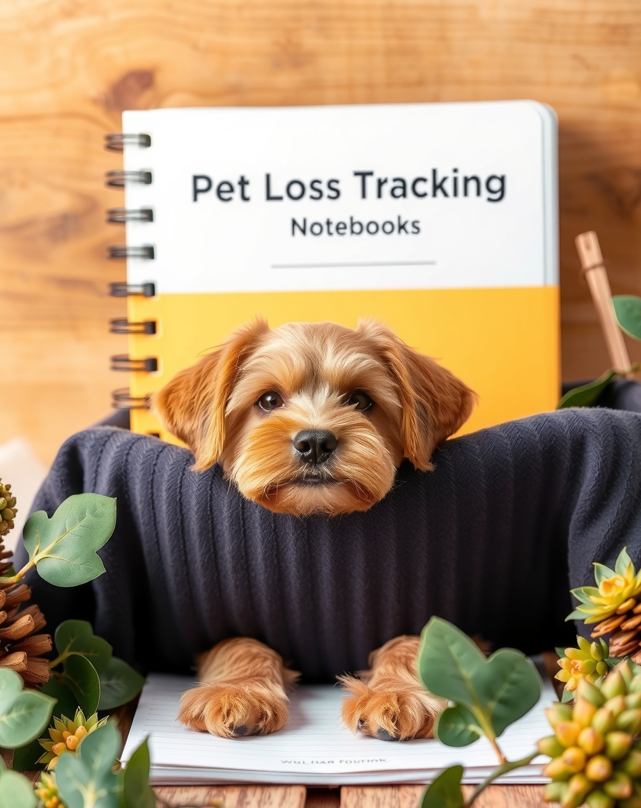 Pet weight loss tracking notebook beside a scale and measuring tape