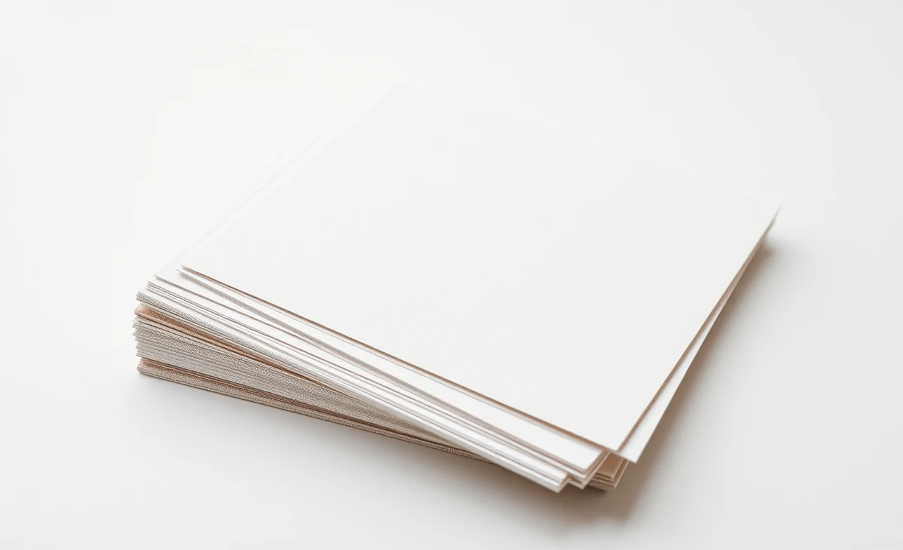 How to Choose Linen Postcard Stock Without Overpaying: a stack of postcard stock swatches fanned out on a white surface.