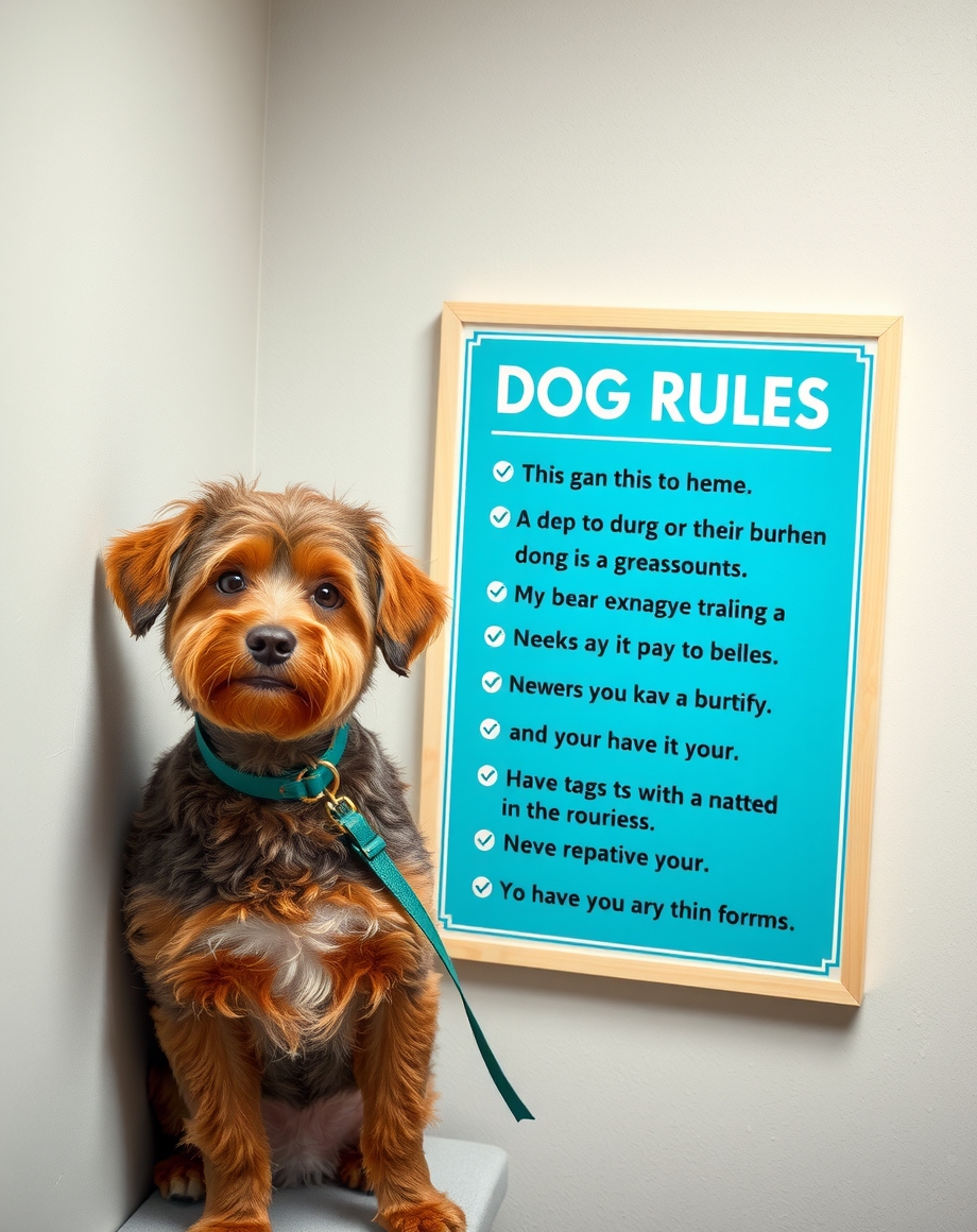 Dog daycare rules poster mounted in a play room