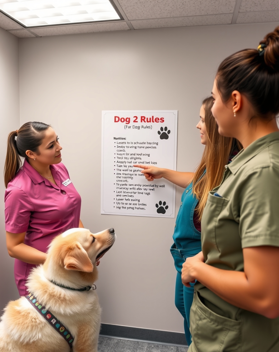 Daycare staff member pointing to a rules poster