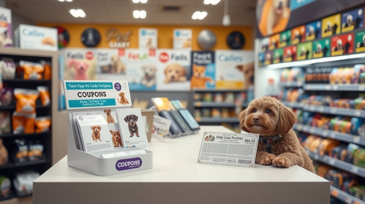 Shopper receiving a pet retail coupon card at checkout
