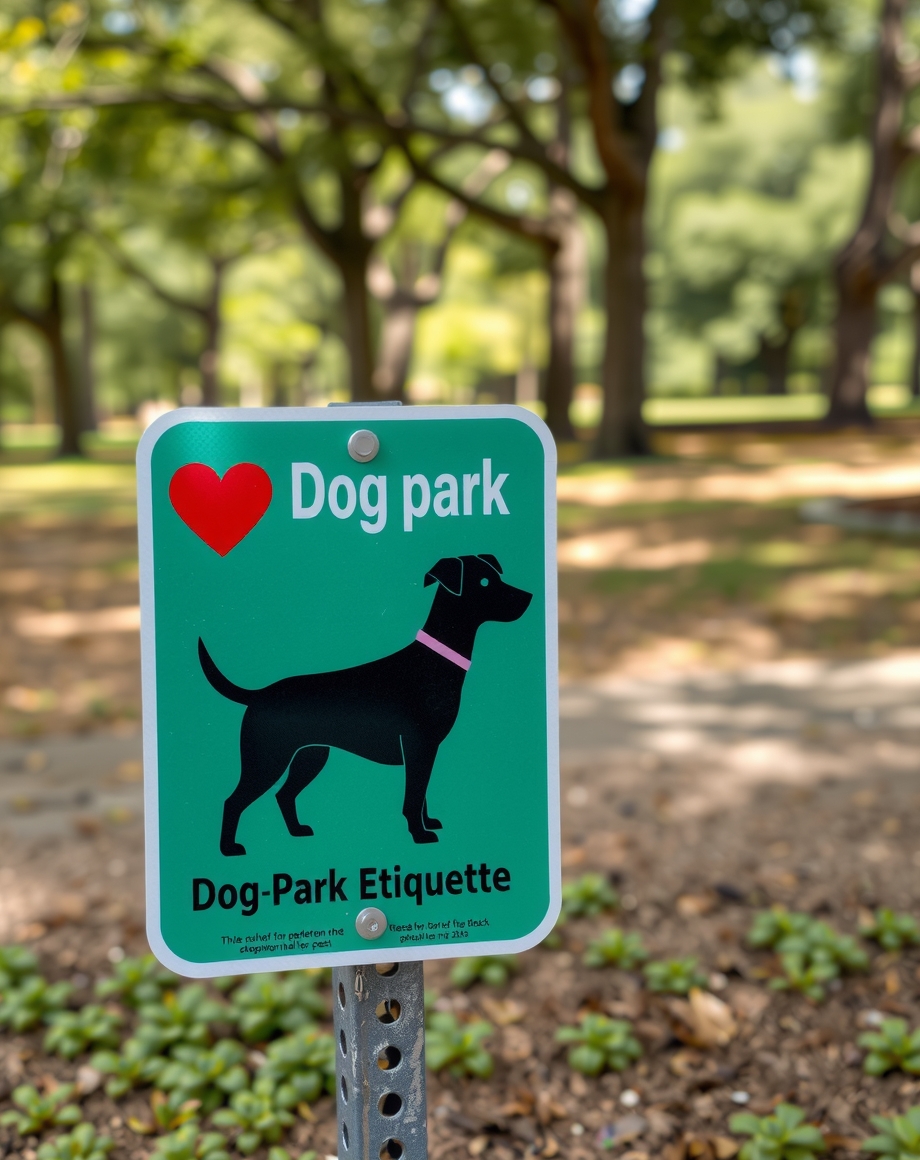 Dog park etiquette sign at the park entrance