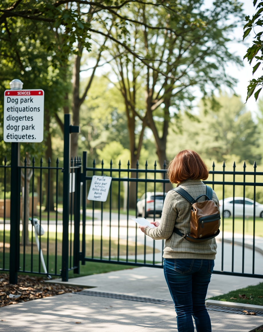 Visitor reading dog park etiquette signs at the gate