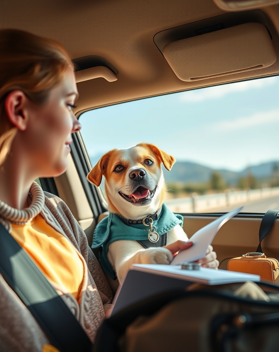 Pet travel checklist on a car dashboard with travel gear