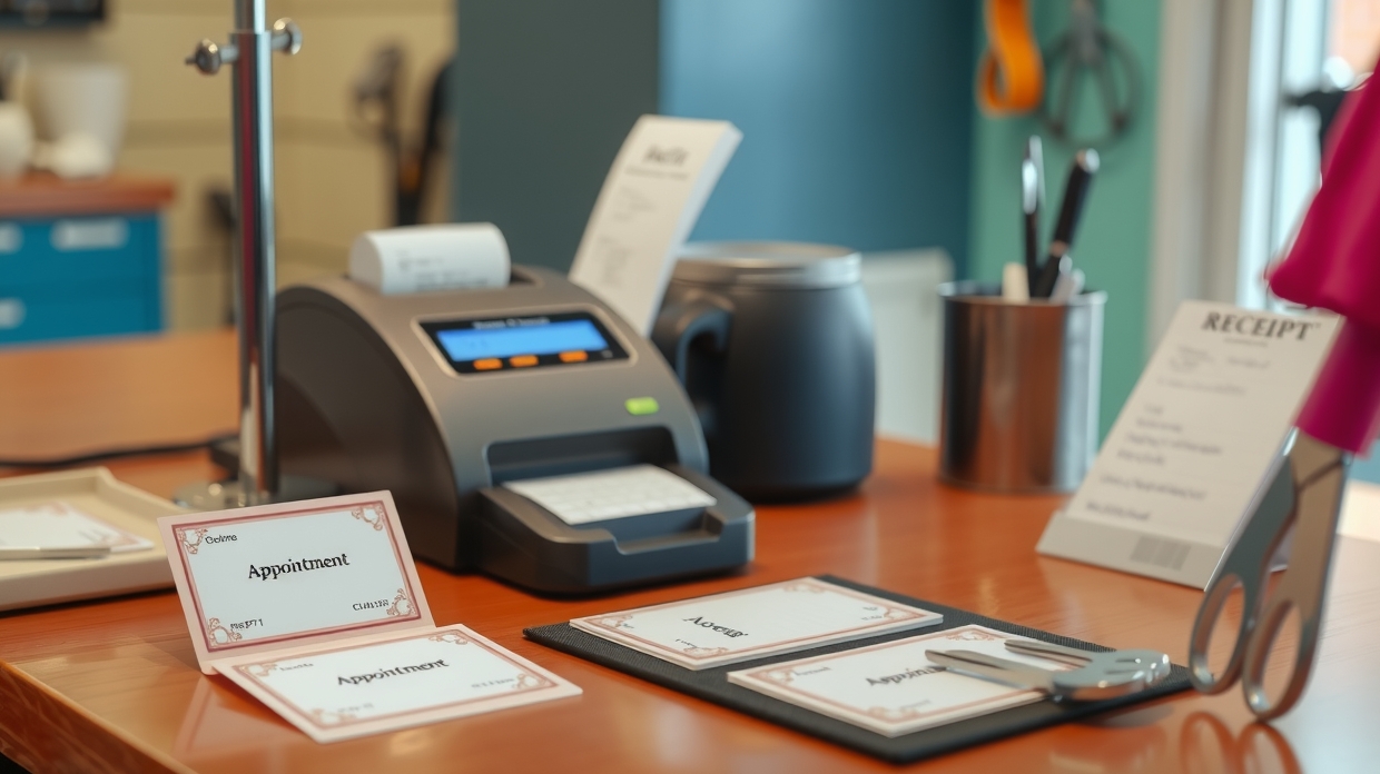 Pet grooming appointment card on a salon checkout desk