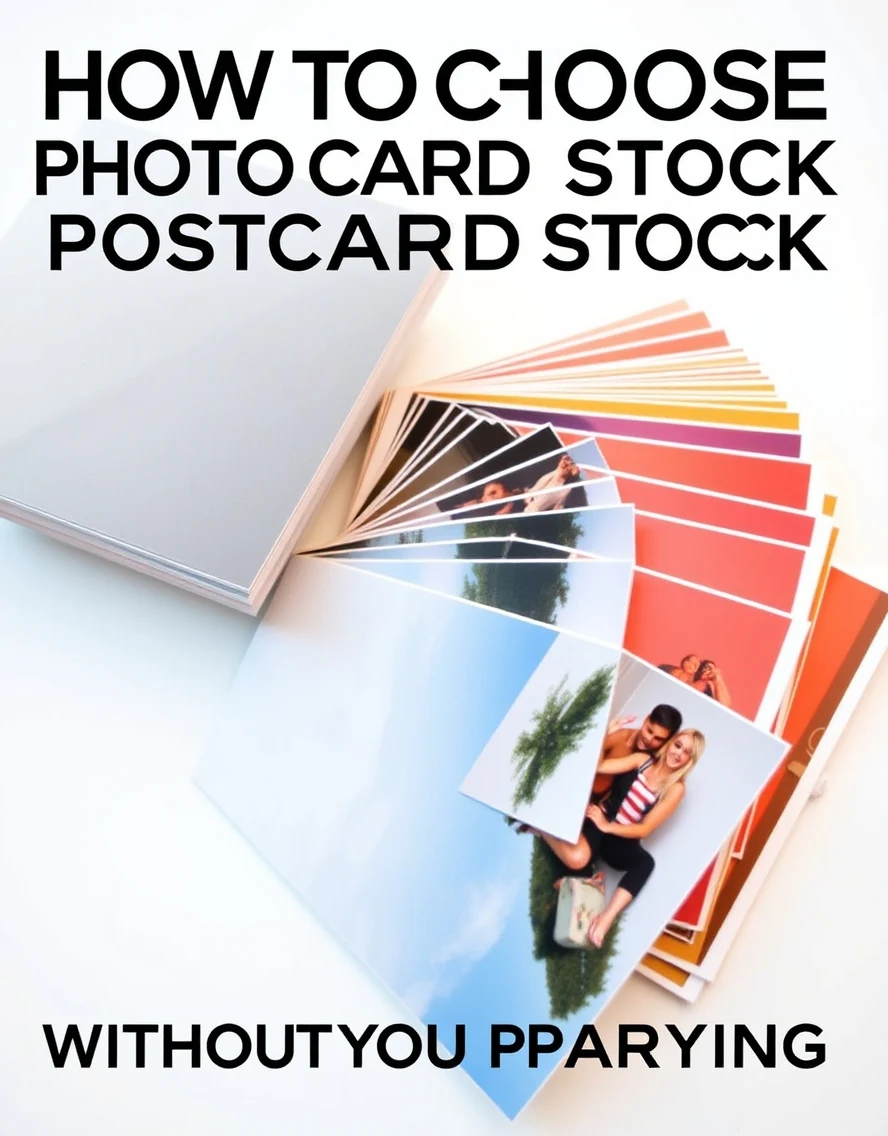 How to Choose Photo Reproduction Postcard Stock Without Overpaying: a stack of postcard stock swatches fanned out on a white surface.