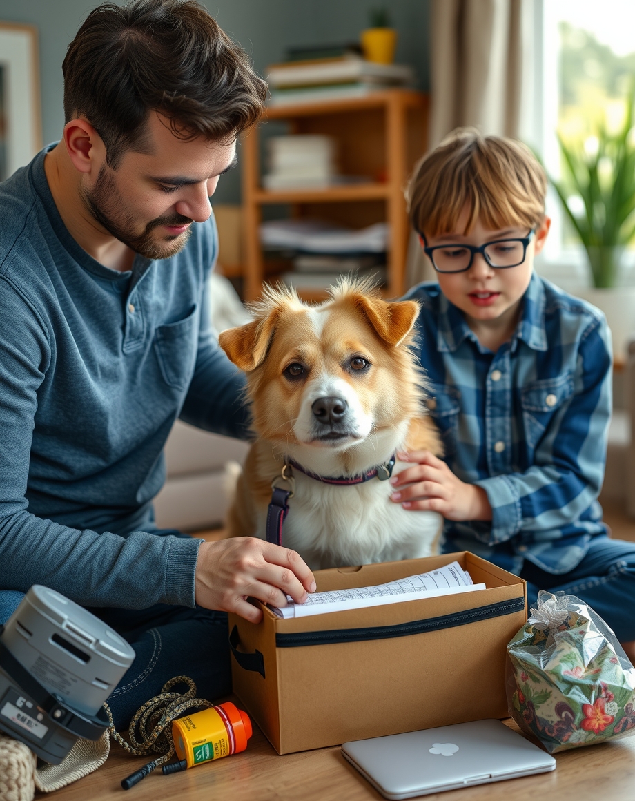 Family assembling a pet preparedness kit into a folder