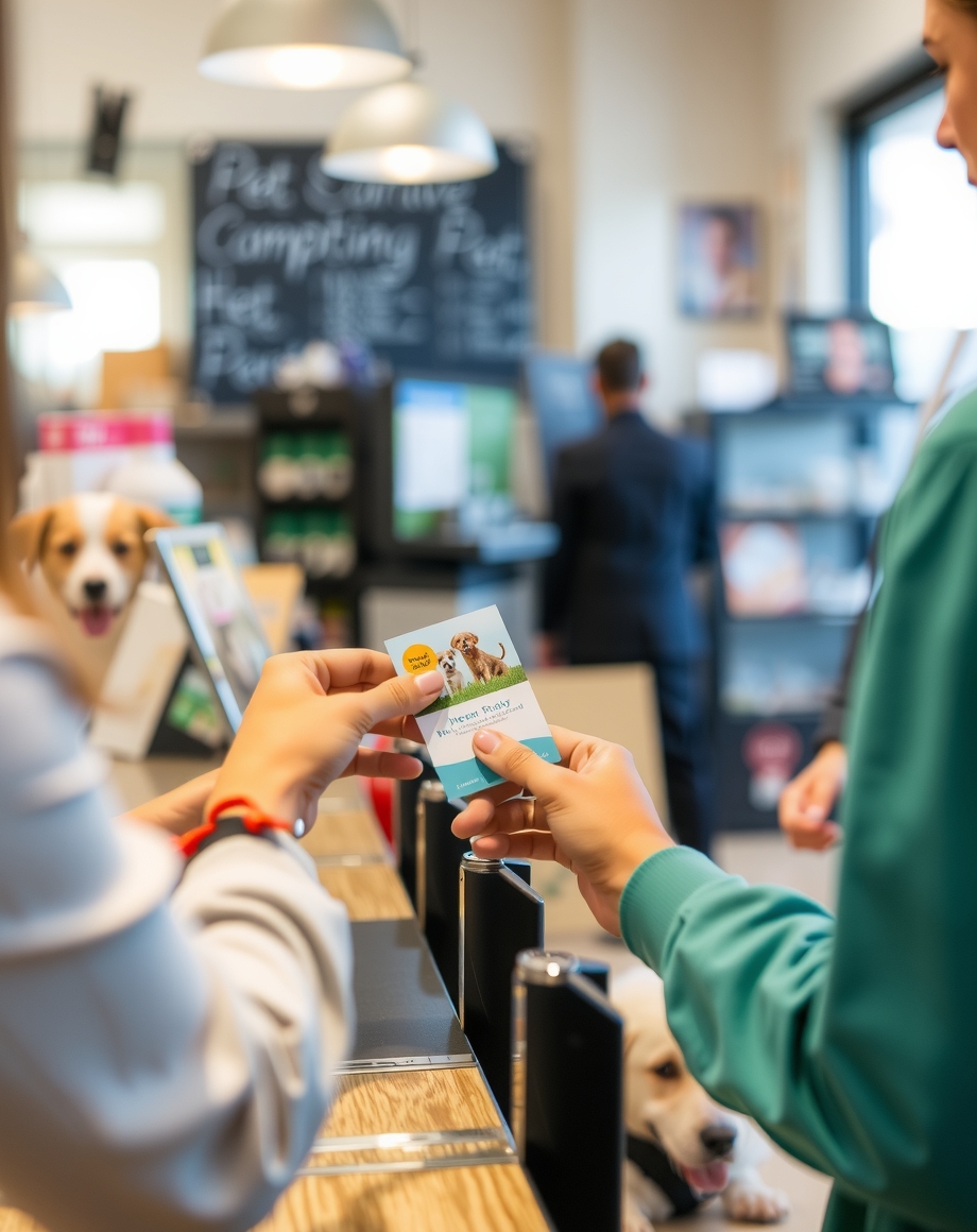 Pet service rack cards displayed on a counter tray