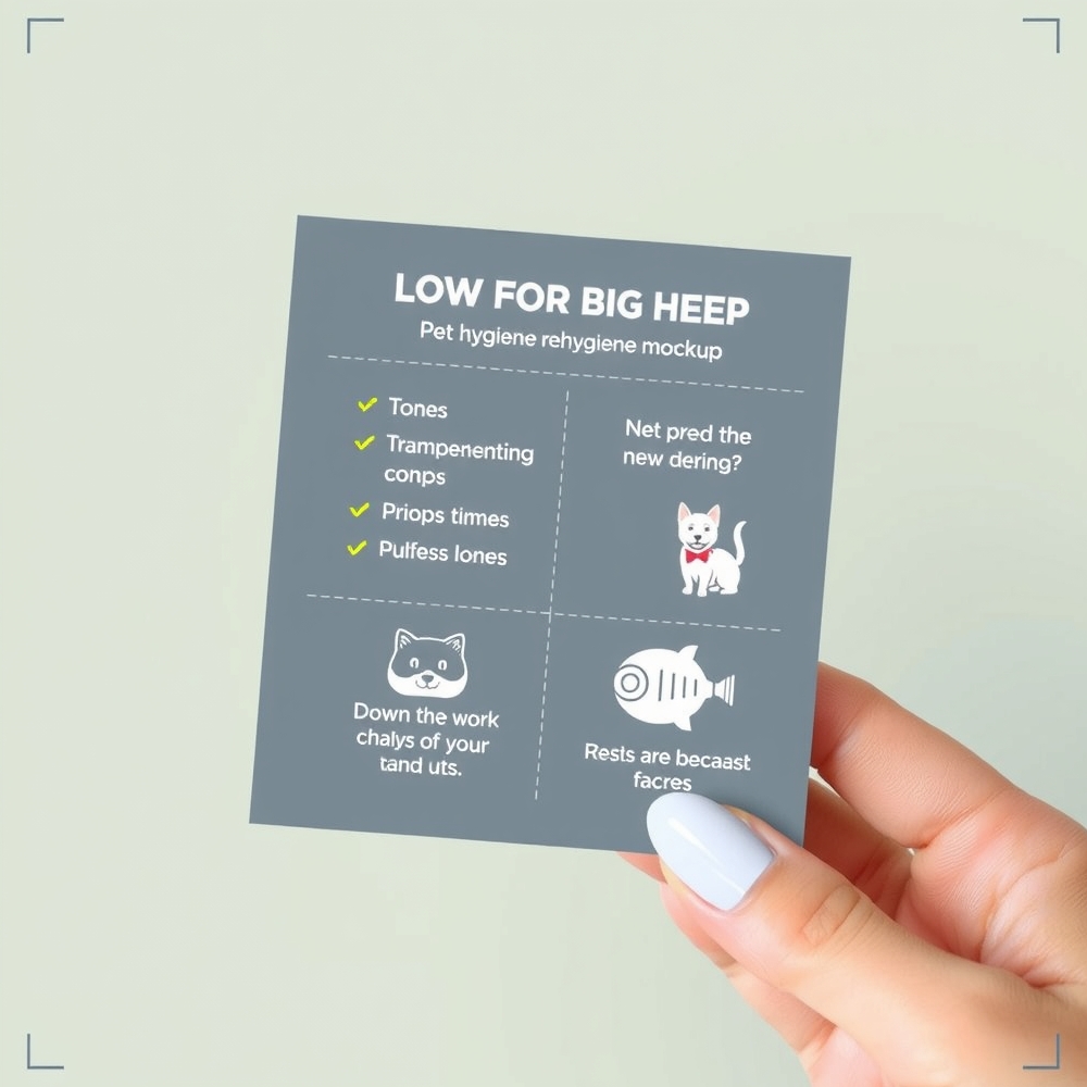 Pet hygiene reminder card on a bathroom counter beside grooming tools