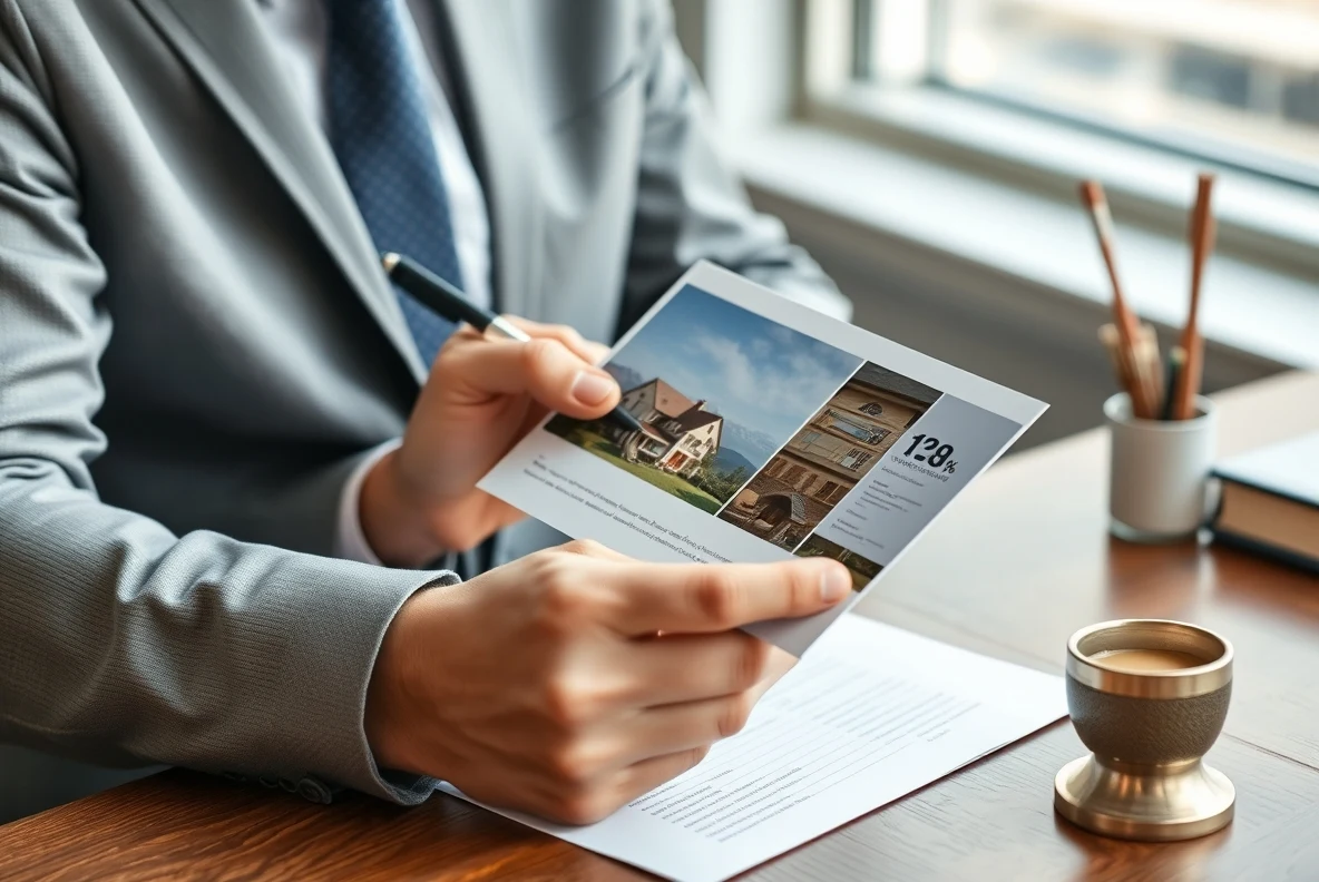 How to Choose Real Estate Photo Postcard Stock Without Overpaying: a real estate agent checking a postcard mockup with a pen and paper notes.