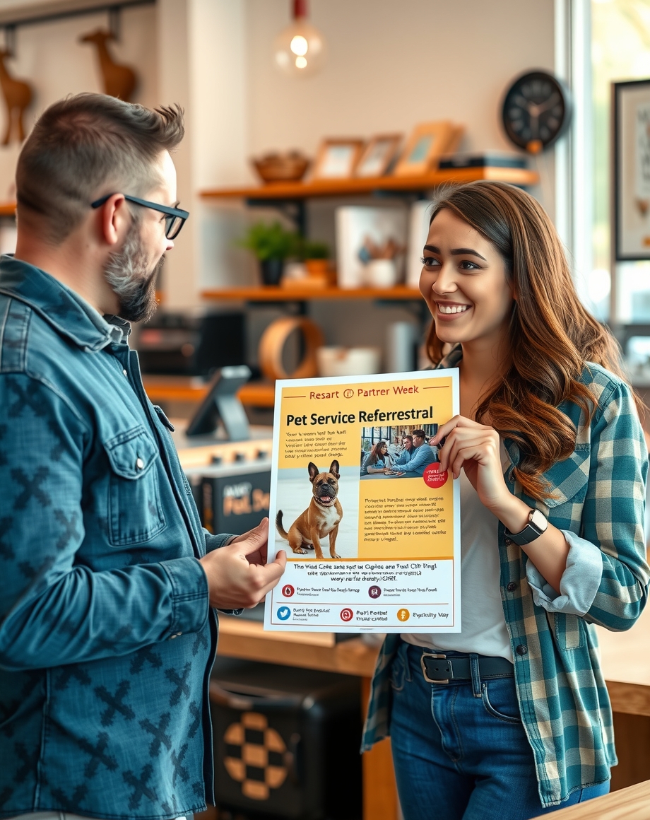 Pet service referral poster in a clinic lobby with partner logos