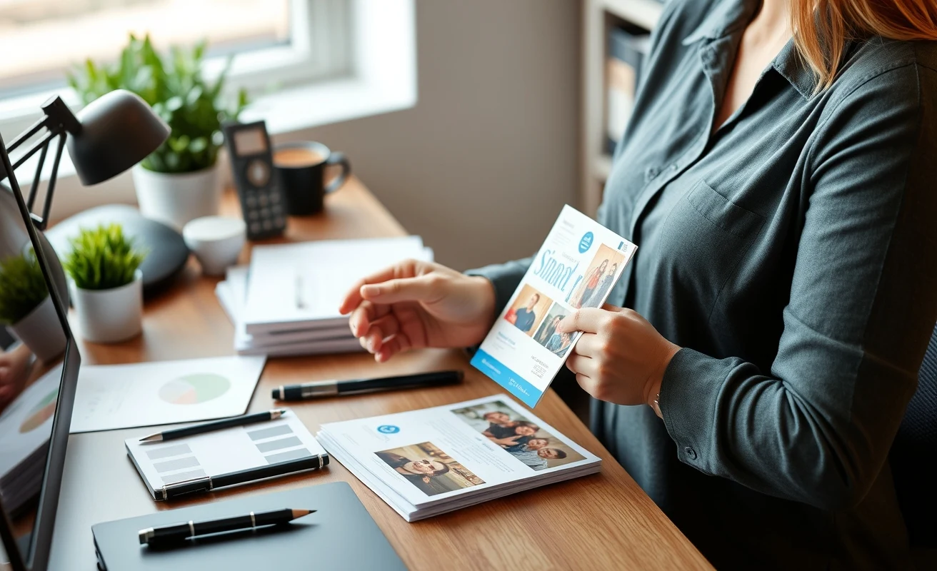 Nonprofit Appeal Postcard Stock Explained: Feel, Durability, and Campaign Fit: a nonprofit coordinator holding a postcard proof beside relevant business props on a desk.