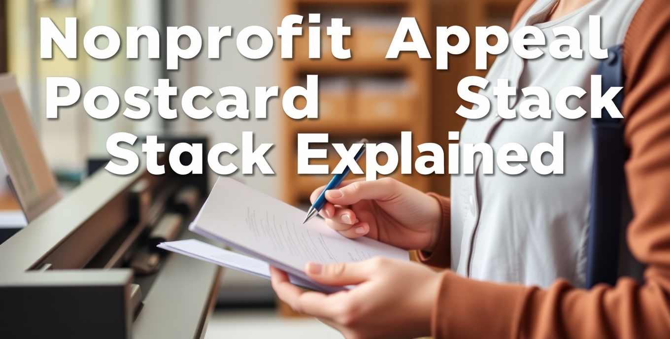Nonprofit Appeal Postcard Stock Explained: Feel, Durability, and Campaign Fit: a nonprofit coordinator checking a postcard mockup with a pen and paper notes.