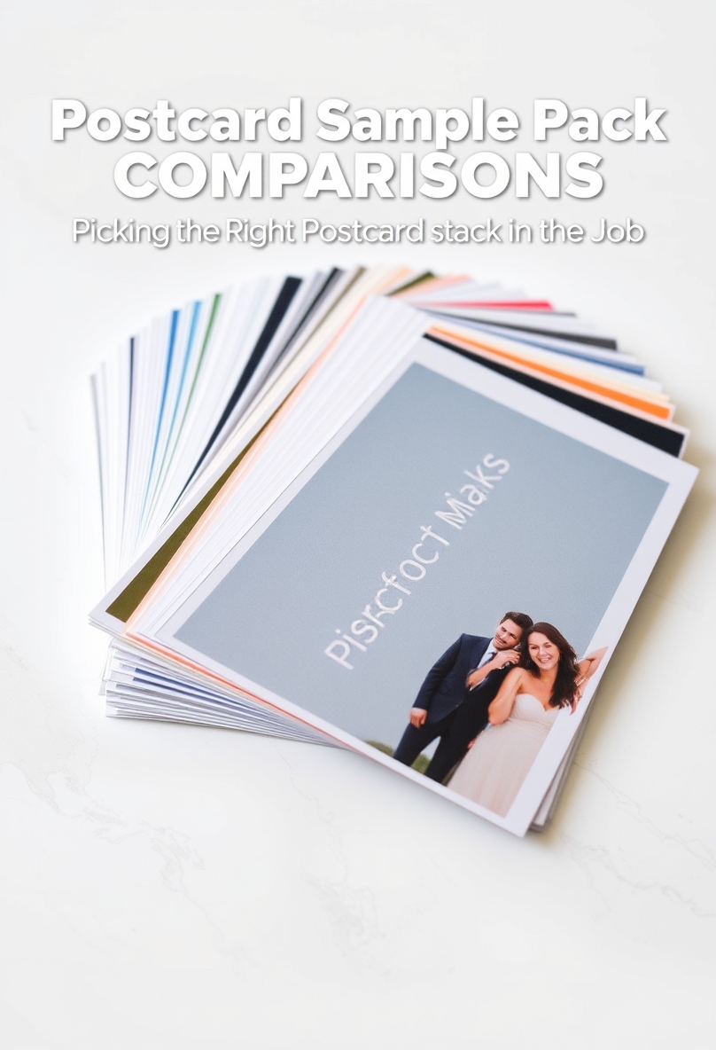 Postcard Sample Pack Comparisons: Picking the Right Postcard Stock for the Job: a stack of postcard stock swatches fanned out on a white surface.