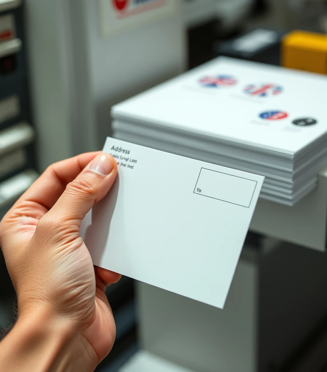 UV Coated Postcards Explained for Print, Mail, and Brand Feel: a hand preparing a postcard with address-side details and indicia area visible.