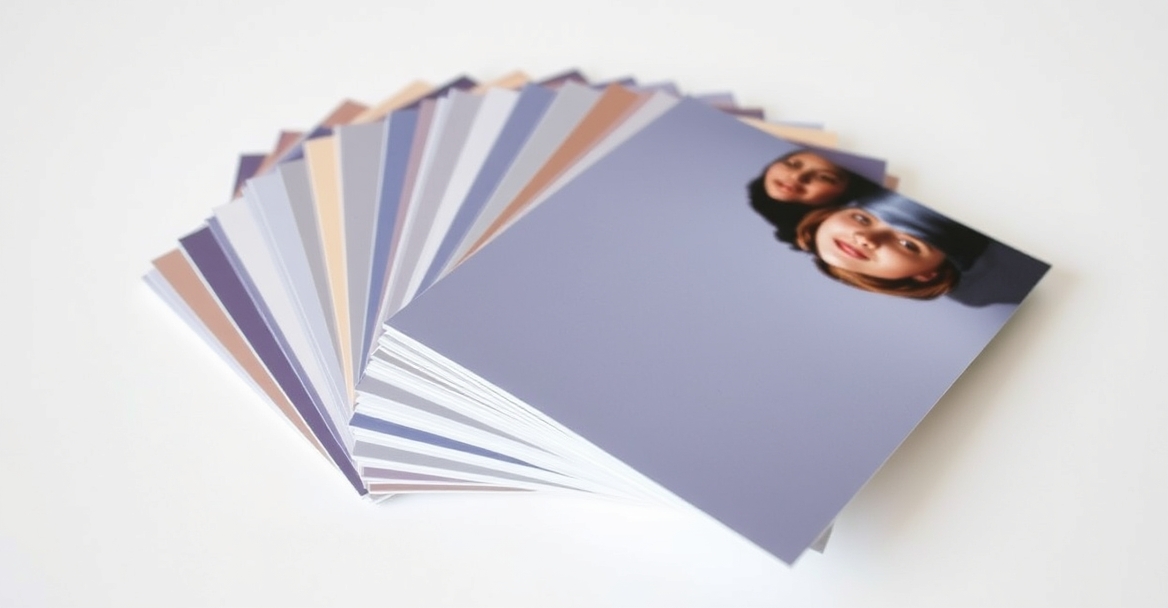 Using Spot UV Postcards Without Hurting Budget or Usability: a stack of postcard stock swatches fanned out on a white surface.