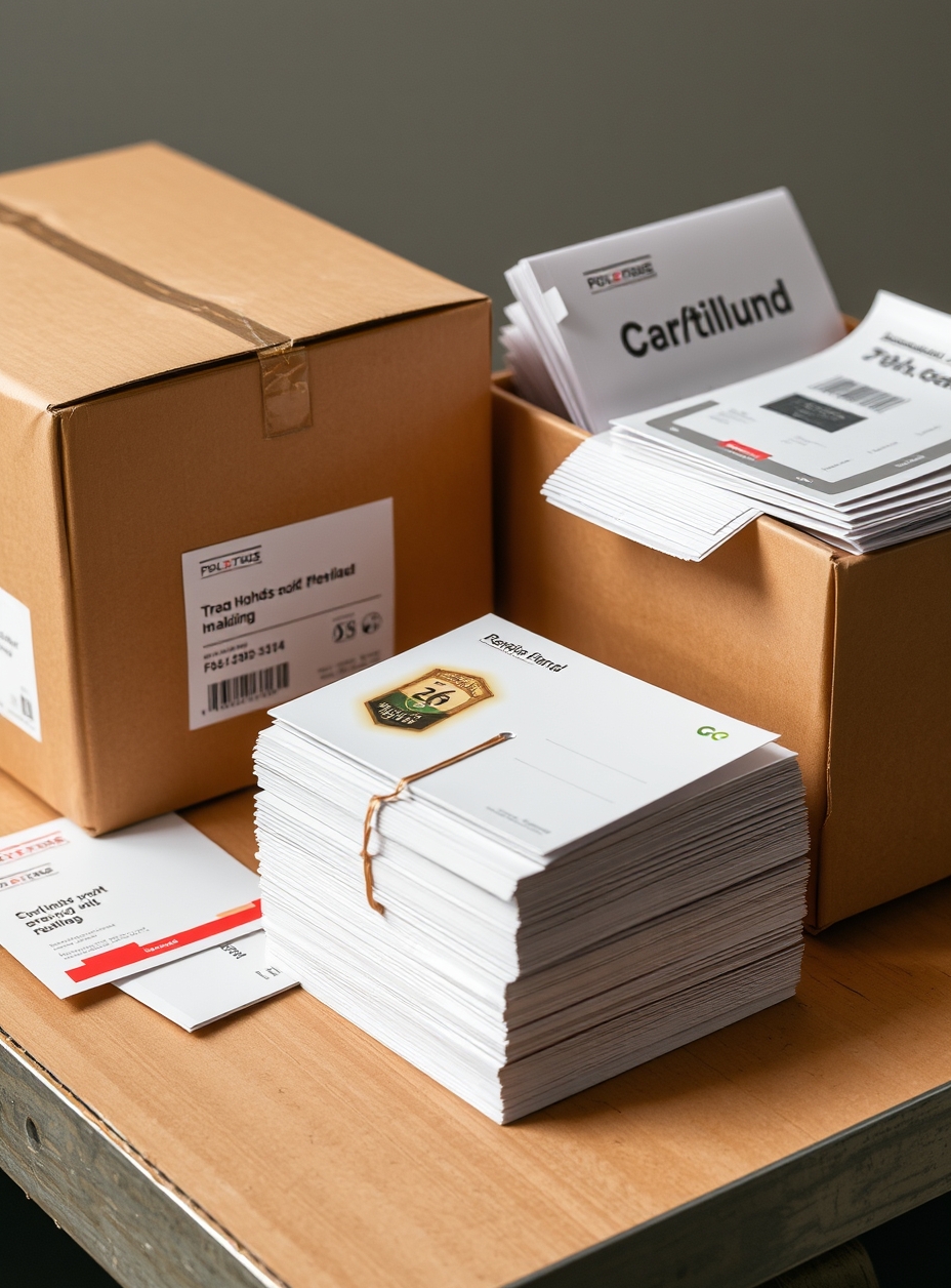 Foil Accent Postcards Explained for Print, Mail, and Brand Feel: a stack of postcards bundled for mailing beside a shipping box and postal forms.