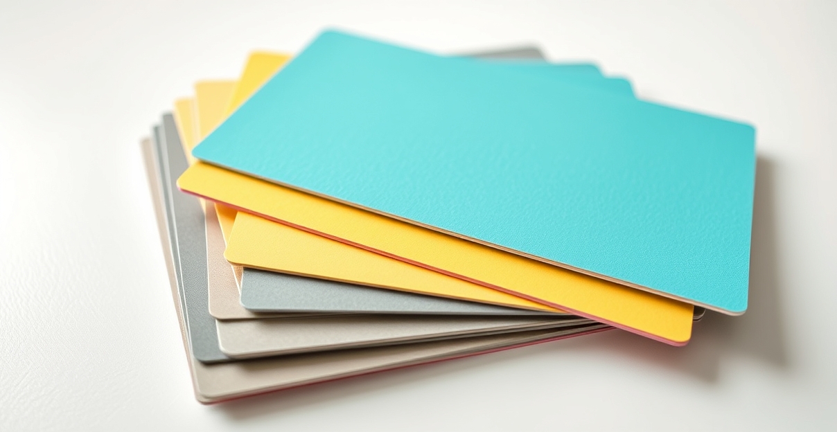 Embossed Style Postcard Effects: Which Finish Actually Fits Your Postcard Goal?: a stack of postcard stock swatches fanned out on a white surface.