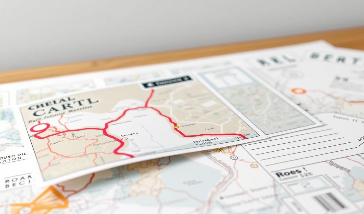 Coated Front With Writable Back Postcards Explained for Print, Mail, and Brand Feel: a route map concept with a postcard sample and planning notes.