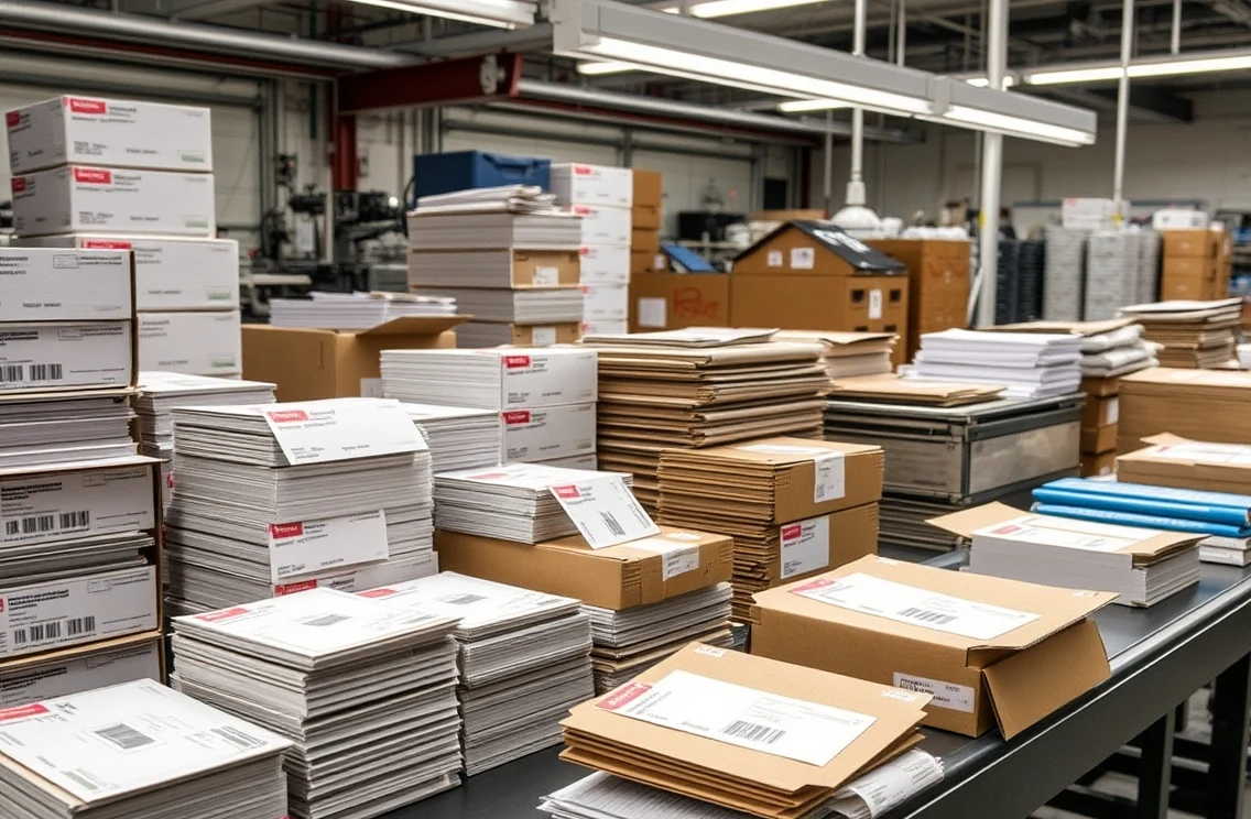 Coated Front With Writable Back Postcards Explained for Print, Mail, and Brand Feel: a mail prep station with finished postcards, labels, and packing materials.