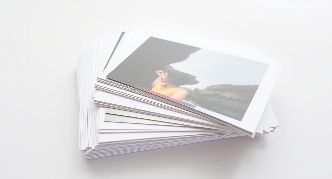 Duplexed Thick Finish Postcards: Which Finish Actually Fits Your Postcard Goal?: a stack of postcard stock swatches fanned out on a white surface.