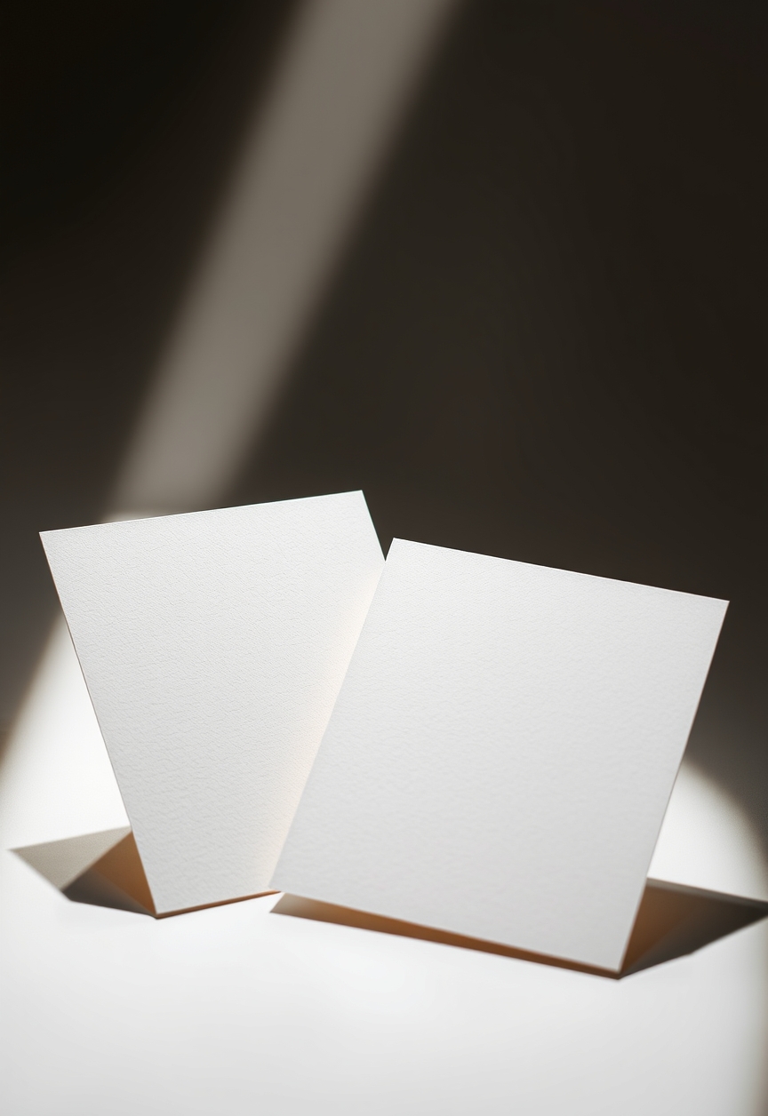 Duplexed Thick Finish Postcards: Which Finish Actually Fits Your Postcard Goal?: two paper stock samples under directional light to compare sheen.