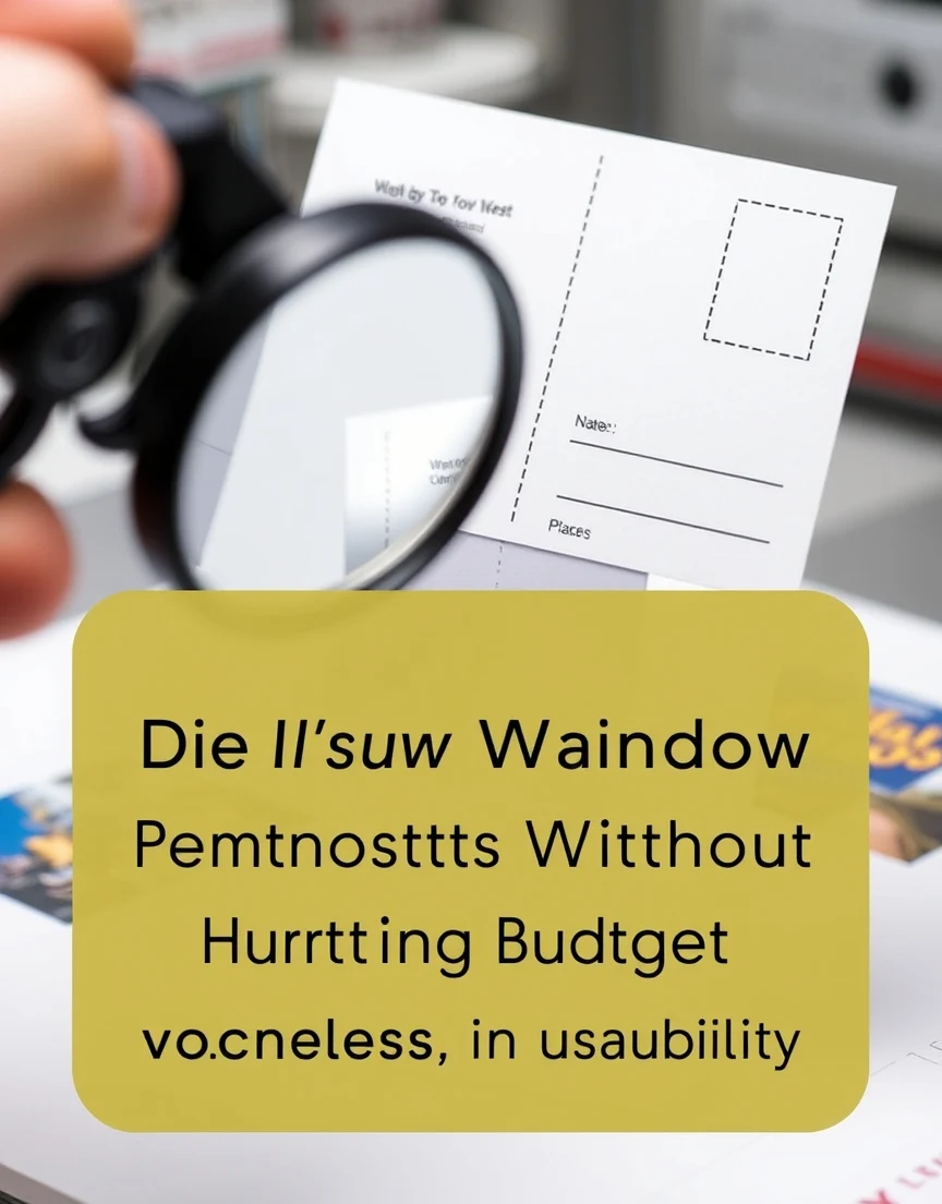 Using Die Cut Window Postcards Without Hurting Budget or Usability: a postcard quality inspection with a loupe and sharp printed sample.