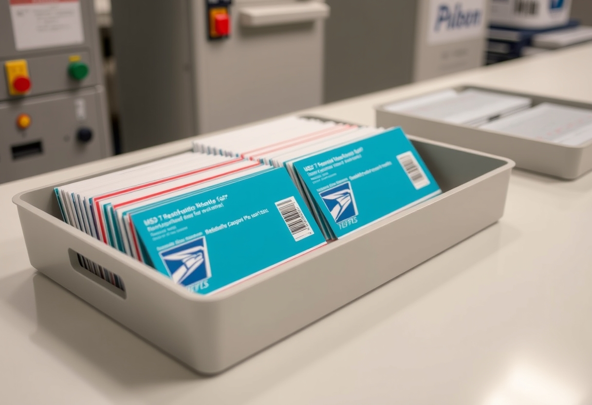 Perforated Coupon Postcards Explained for Print, Mail, and Brand Feel: a USPS tray holding postcard mail pieces at a counter.