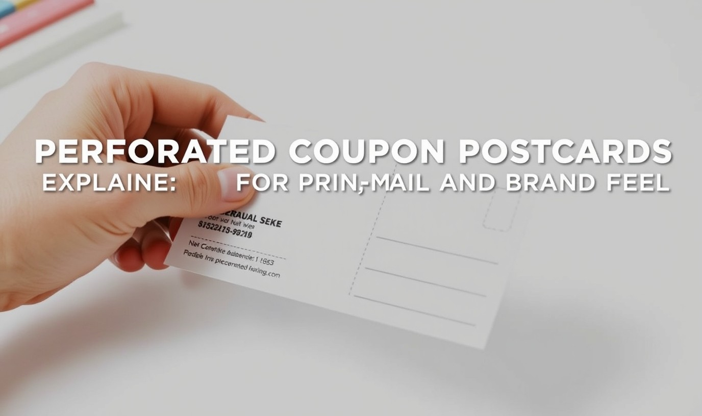 Perforated Coupon Postcards Explained for Print, Mail, and Brand Feel: a hand preparing a postcard with address-side details and indicia area visible.