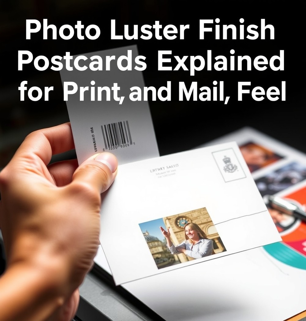 Photo Luster Finish Postcards Explained for Print, Mail, and Brand Feel: a hand preparing a postcard with address-side details and indicia area visible.