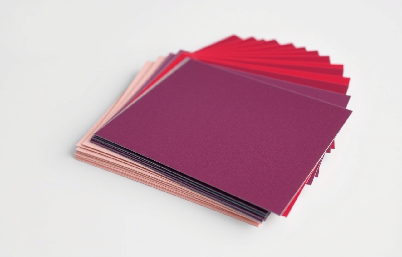 Velvet Finish Postcards: Which Finish Actually Fits Your Postcard Goal?: a stack of postcard stock swatches fanned out on a white surface.