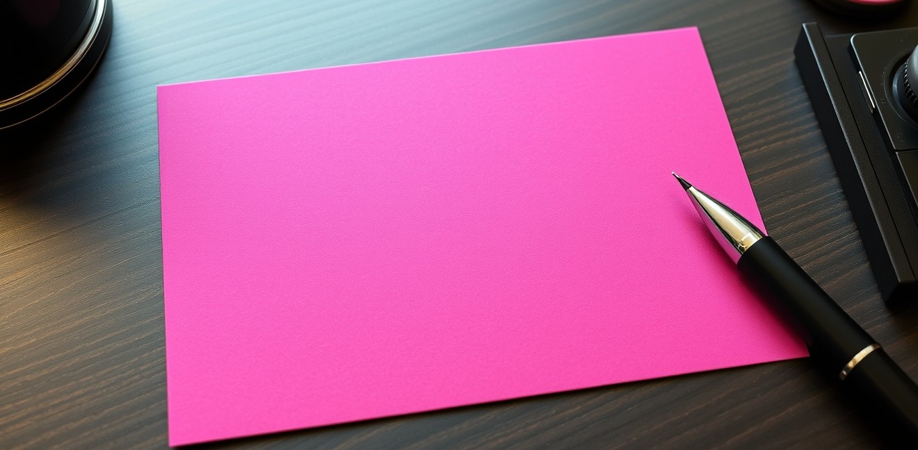 Velvet Finish Postcards: Which Finish Actually Fits Your Postcard Goal?: a writable postcard surface with a pen beside it on a desk.