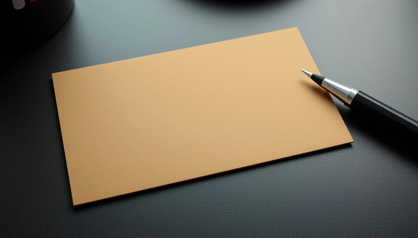 Using Suede Feel Postcards Without Hurting Budget or Usability: a writable postcard surface with a pen beside it on a desk.