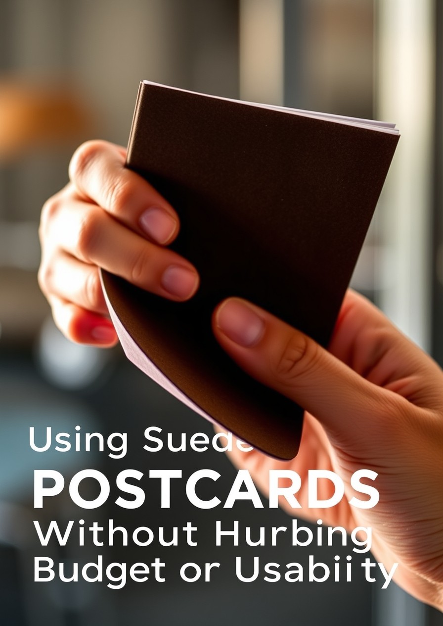 Using Suede Feel Postcards Without Hurting Budget or Usability: a hand flexing a postcard to show thickness and edge quality.