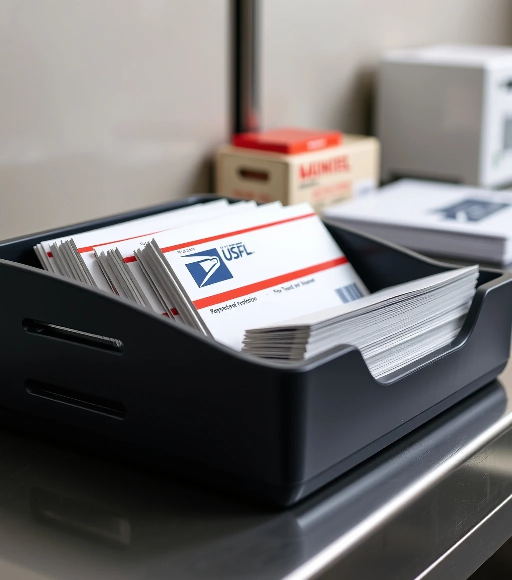 Raised Spot UV Postcards Explained for Print, Mail, and Brand Feel: a USPS tray holding postcard mail pieces at a counter.