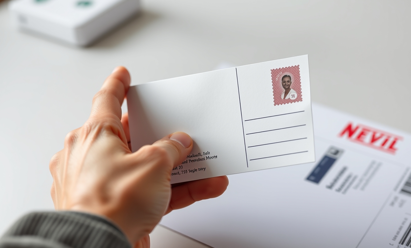 Mail Friendly Postcard Finish Choices Explained for Print, Mail, and Brand Feel: a hand preparing a postcard with address-side details and indicia area visible.