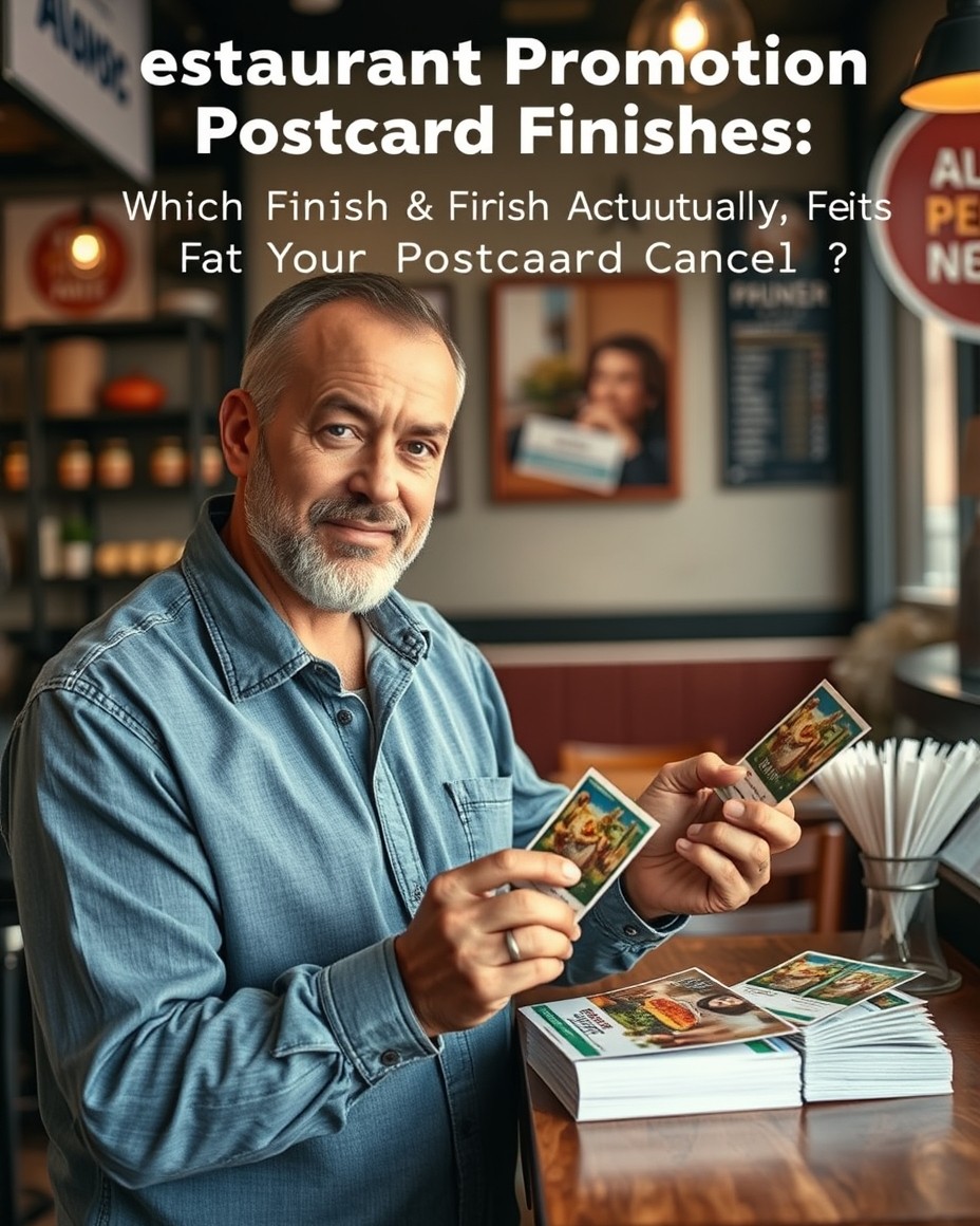 Restaurant Promotion Postcard Finishes: Which Finish Actually Fits Your Postcard Goal?: a restaurant owner arranging postcard samples near the business setting.