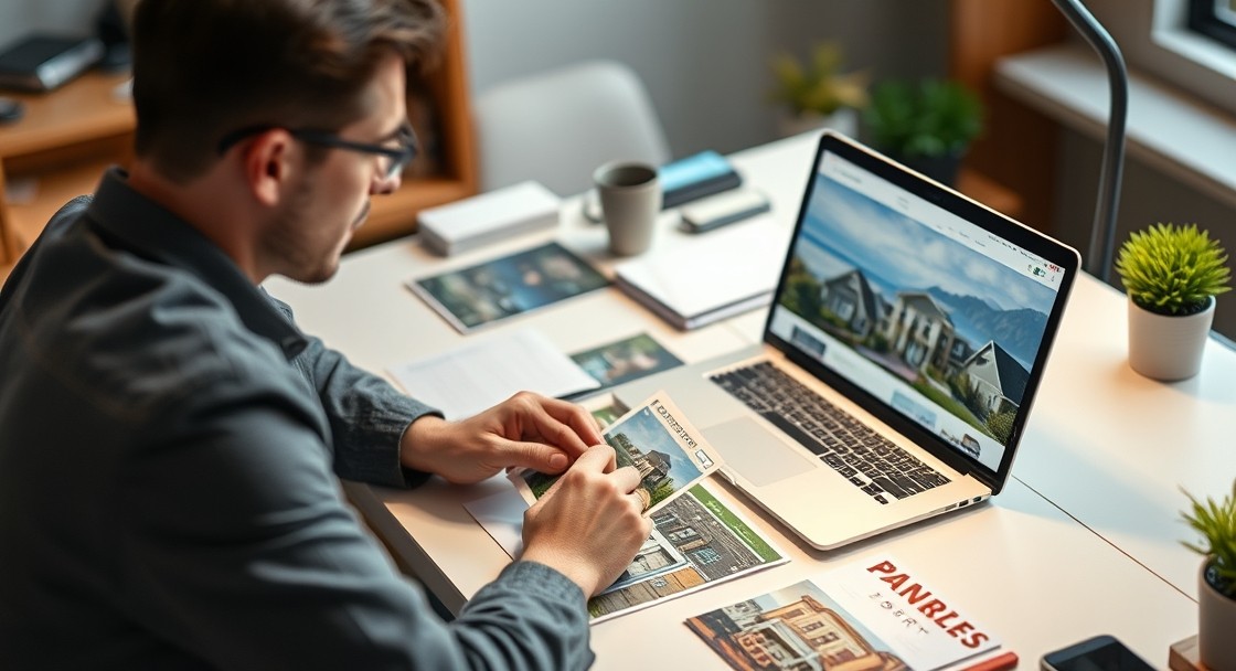 Using Luxury Real Estate Postcard Finishes Without Hurting Budget or Usability: a real estate agent planning a direct mail postcard at a workstation with a laptop and sample cards.