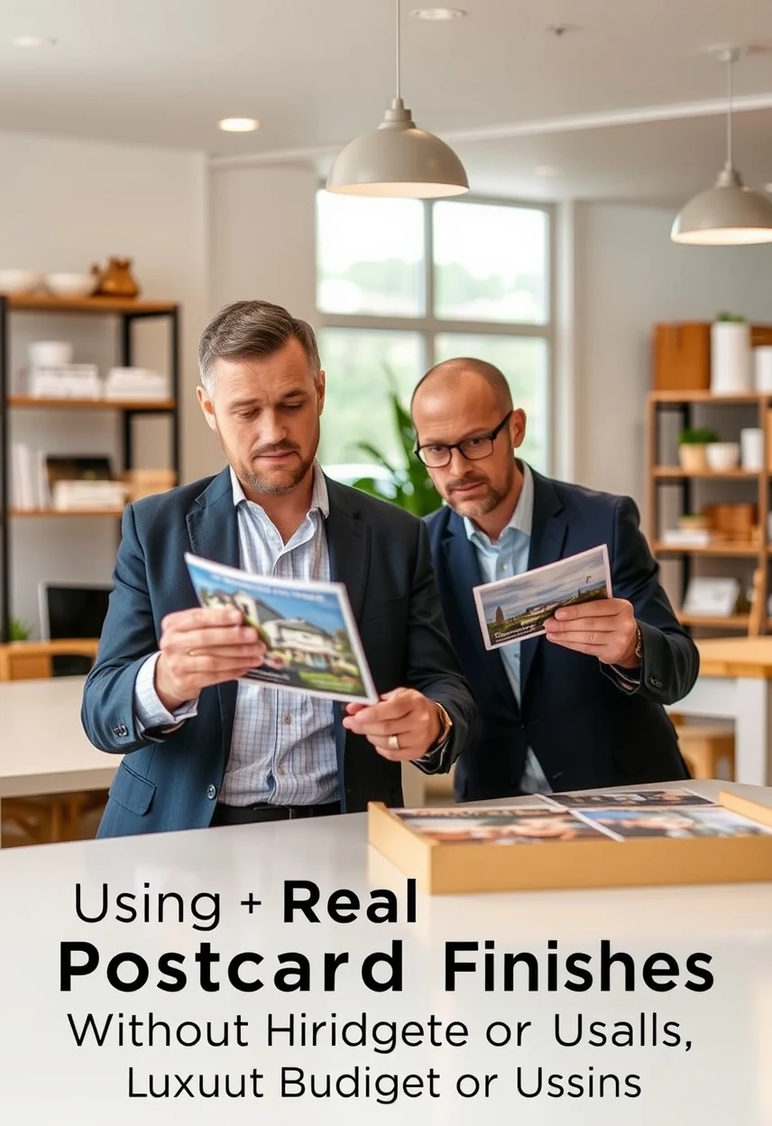 Using Luxury Real Estate Postcard Finishes Without Hurting Budget or Usability: a real estate agent comparing postcard layouts for a neighborhood promotion.