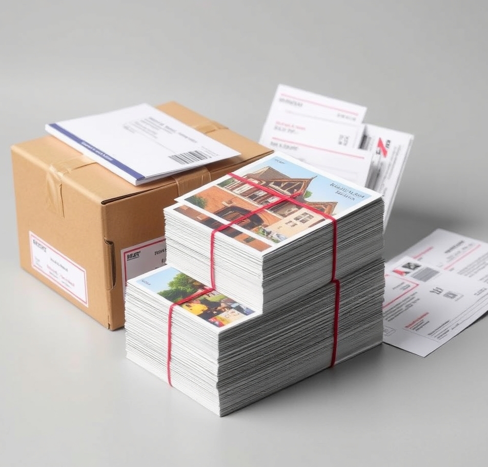 Artist Postcard Finish Comparisons Explained for Print, Mail, and Brand Feel: a stack of postcards bundled for mailing beside a shipping box and postal forms.