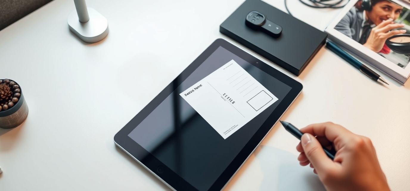 Bleed Setup For Postcards: The Print Ready Setup Guide: a tablet, stylus, and postcard sample on a clean creative desk.