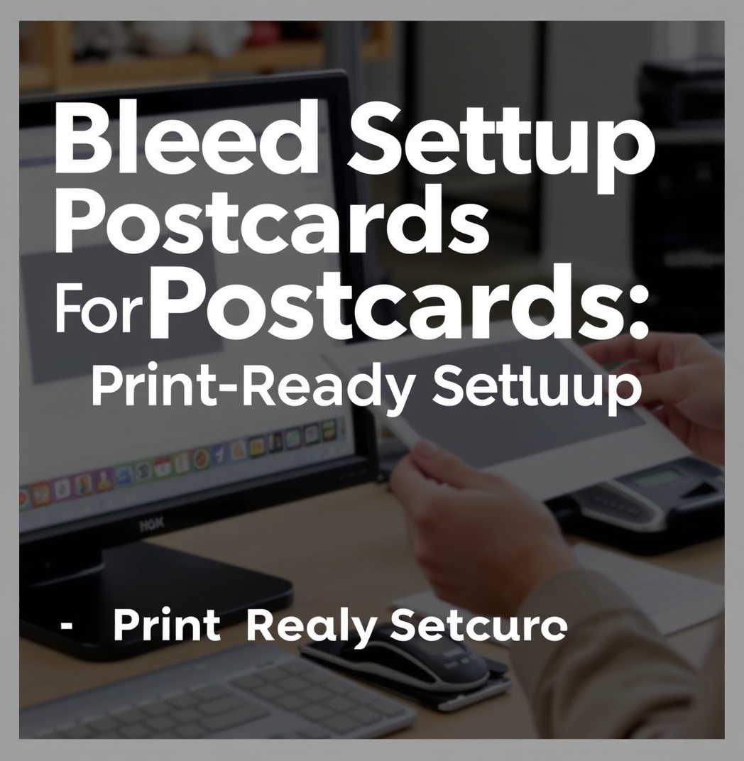 Bleed Setup For Postcards: The Print Ready Setup Guide: a design review scene with a monitor, proof print, and measurement tools.