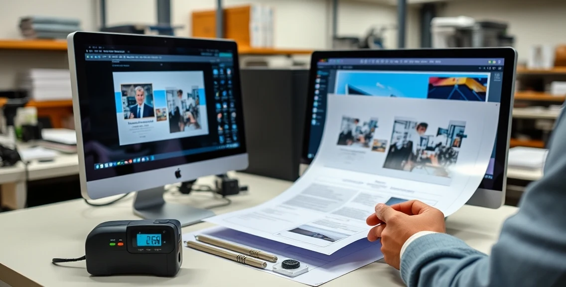 CMYK Color Setup For Postcards Checklist for Professional Postcard Printing: a design review scene with a monitor, proof print, and measurement tools.