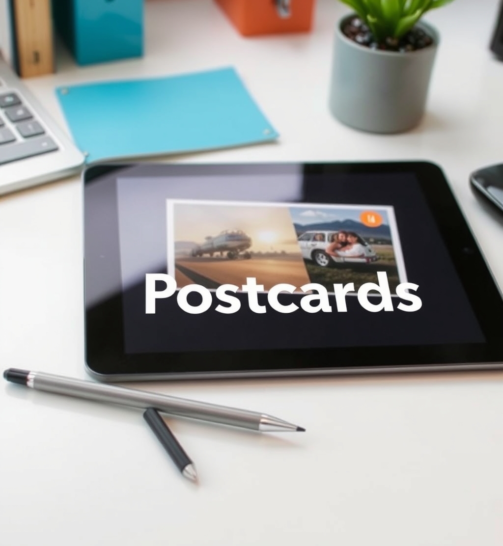 300 DPI Image Prep For Postcards: The Print Ready Setup Guide: a tablet, stylus, and postcard sample on a clean creative desk.