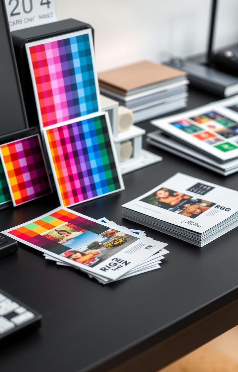 How to Prepare RGB To CMYK Conversion For Postcards Without Common File Errors: a color-matching review with swatches and postcard proofs on a desk.